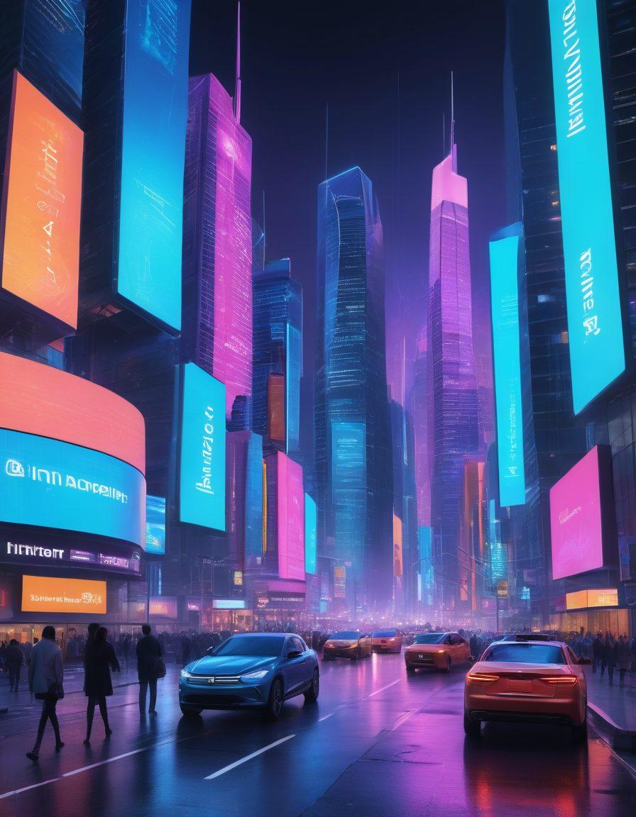 A futuristic cityscape with digital screens displaying insurance policies and claim processes. People interacting with holographic interfaces, showcasing a seamless experience in insurance transactions. A blend of technology and security, featuring diverse individuals confidently navigating their insurance options. Bright neon colors highlighting innovation and reliability. surrealistic. vibrant colors. high-tech elements.