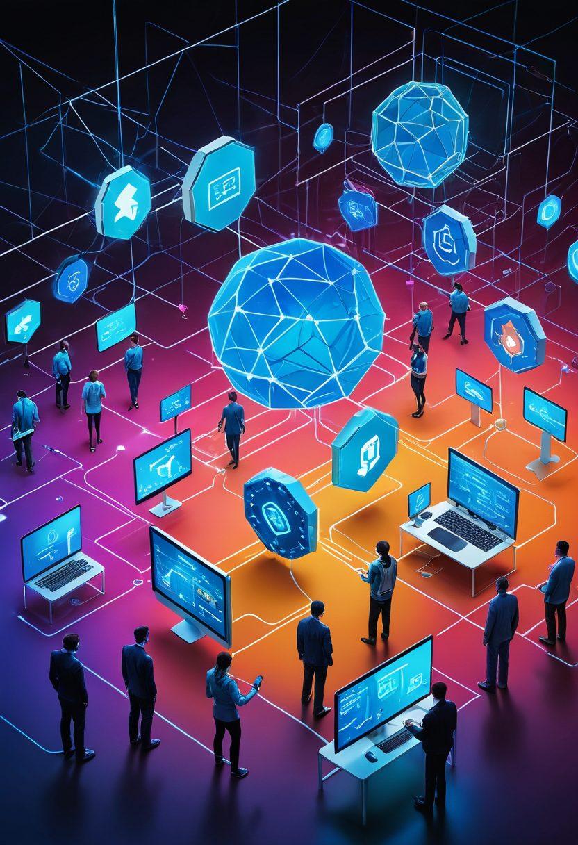 A futuristic digital landscape showcasing diverse people using various devices to explore tailored insurance solutions online. Incorporate symbols of security, like shields and checkmarks, intertwined with a network of interconnected lines and nodes representing technology and customization. Use a vibrant color palette to evoke a sense of innovation and optimism. super-realistic. vibrant colors. digital art.